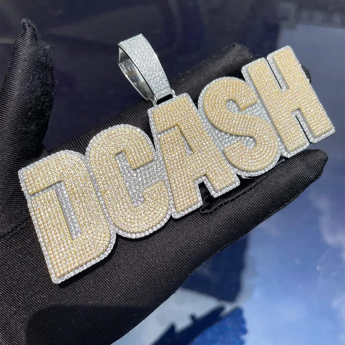Name Necklace for Men Solid Base Iced Out Pendant Two Tone Personalized Hip Hop Fashion Jewelry 337A1 (Custom 1 letter)