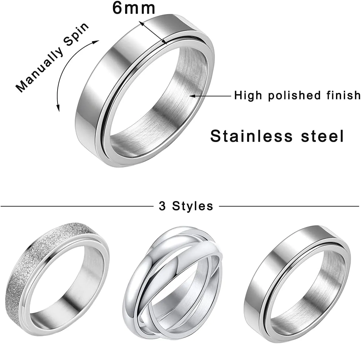 Nanafast 3 PCS Spinner Anxiety Rings Stainless Steel Spinner Ring Fidget Anxiety Rings for Women Men Relieving Stress Ring Anxiety Rings Set Size 6-12