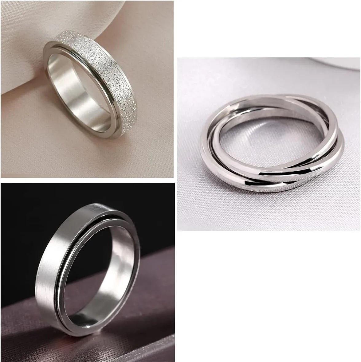 Nanafast 3 PCS Spinner Anxiety Rings Stainless Steel Spinner Ring Fidget Anxiety Rings for Women Men Relieving Stress Ring Anxiety Rings Set Size 6-12