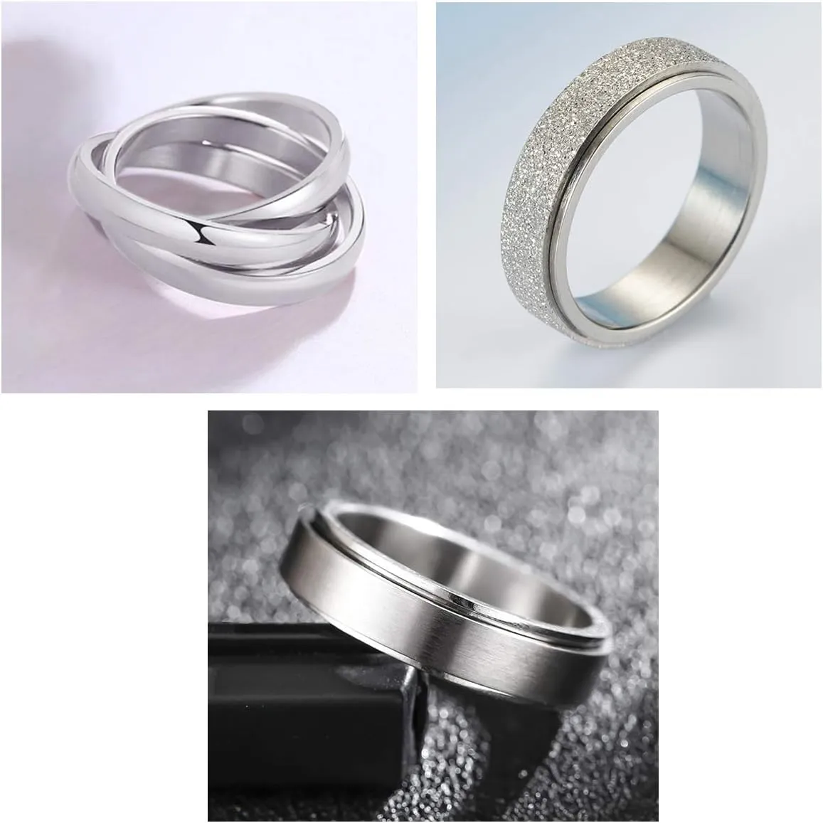 Nanafast 3 PCS Spinner Anxiety Rings Stainless Steel Spinner Ring Fidget Anxiety Rings for Women Men Relieving Stress Ring Anxiety Rings Set Size 6-12