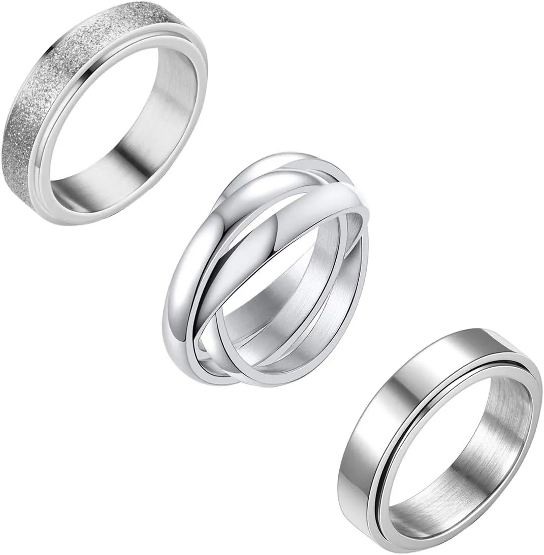 Nanafast 3 PCS Spinner Anxiety Rings Stainless Steel Spinner Ring Fidget Anxiety Rings for Women Men Relieving Stress Ring Anxiety Rings Set Size 6-12