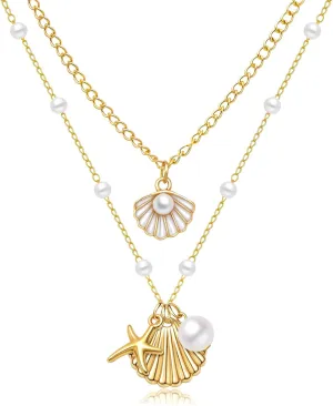 Nanafast Layered Seashell Necklace for Women Adjustable Boho Sea Shell Starfish Pendant Necklaces Beach Jewelry for Summer Outfits with Velvet Pouch