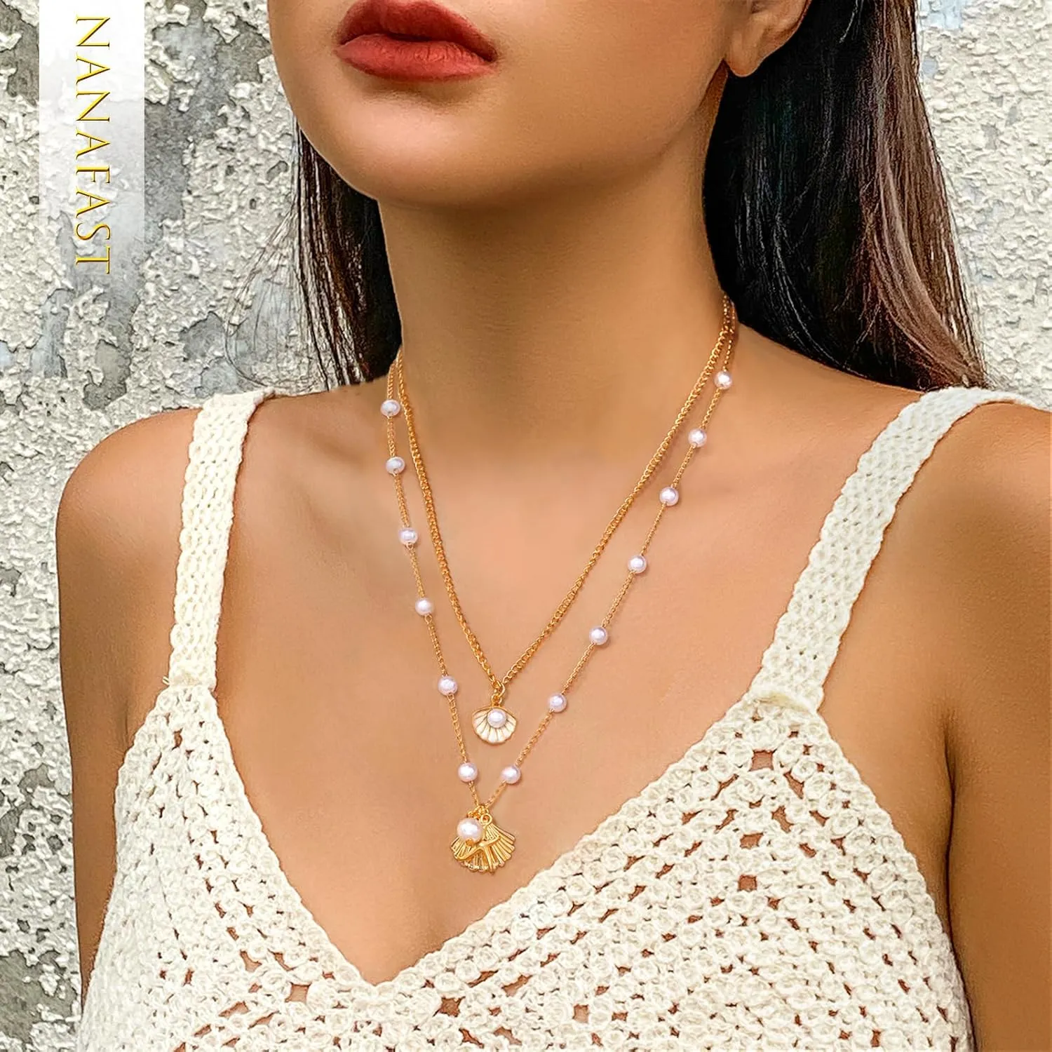 Nanafast Layered Seashell Necklace for Women Adjustable Boho Sea Shell Starfish Pendant Necklaces Beach Jewelry for Summer Outfits with Velvet Pouch