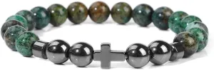 Natural Stone Bracelet Men Beads Bracelet Handmade Cross Pendant Bracelets Women Prayer Fitness Jewelry for 8mm (Metal Color: African Quartz - Length: 17CM)