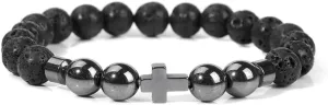 Natural Stone Bracelet Men Beads Bracelet Handmade Cross Pendant Bracelets Women Prayer Fitness Jewelry for 8mm (Metal Color: Lava Stone - Length: 19CM)