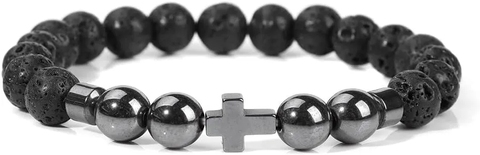 Natural Stone Bracelet Men Beads Bracelet Handmade Cross Pendant Bracelets Women Prayer Fitness Jewelry for 8mm (Metal Color: Lava Stone - Length: 19CM)