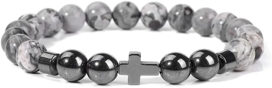 Natural Stone Bracelet Men Beads Bracelet Handmade Cross Pendant Bracelets Women Prayer Fitness Jewelry for 8mm (Metal Color: Map Stone - Length: 17CM)