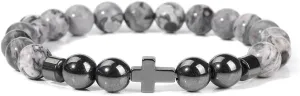Natural Stone Bracelet Men Beads Bracelet Handmade Cross Pendant Bracelets Women Prayer Fitness Jewelry for 8mm (Metal Color: Map Stone - Length: 17CM)
