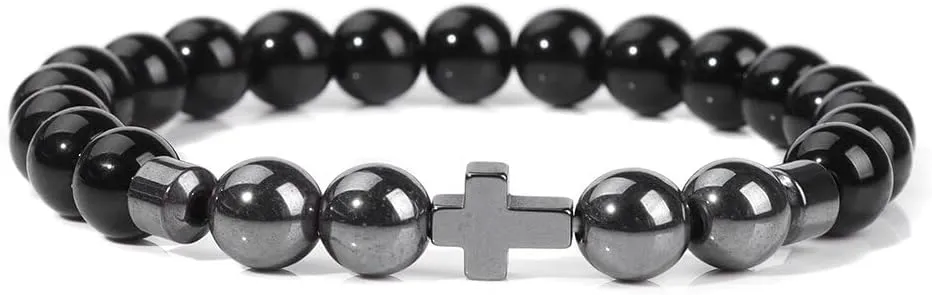 Natural Stone Bracelet Men Beads Bracelet Handmade Cross Pendant Bracelets Women Prayer Fitness Jewelry for 8mm (Metal Color: Smooth Black Glass - Length: 17CM)