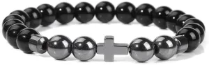 Natural Stone Bracelet Men Beads Bracelet Handmade Cross Pendant Bracelets Women Prayer Fitness Jewelry for 8mm (Metal Color: Smooth Black Glass - Length: 17CM)