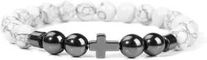 Natural Stone Bracelet Men Beads Bracelet Handmade Cross Pendant Bracelets Women Prayer Fitness Jewelry for 8mm (Metal Color: White Howlite - Length: 19CM)