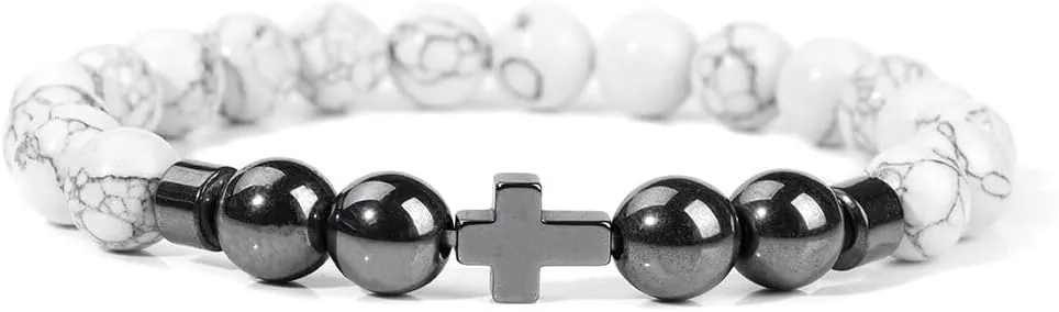 Natural Stone Bracelet Men Beads Bracelet Handmade Cross Pendant Bracelets Women Prayer Fitness Jewelry for 8mm (Metal Color: White Howlite - Length: 19CM)