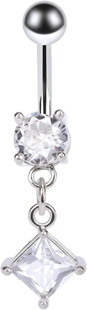 Navel Rings for Women Stainless Steel, CZ Dangle Navel Rings for Women Square Silver Belly Rings