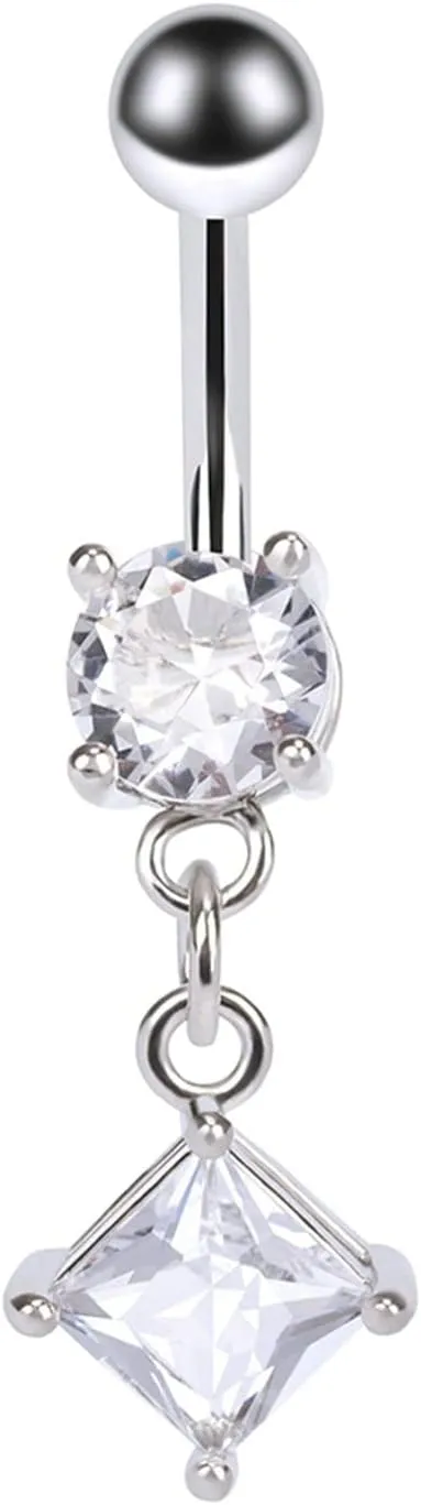 Navel Rings for Women Stainless Steel, CZ Dangle Navel Rings for Women Square Silver Belly Rings