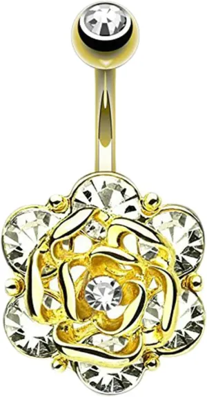 Navel Rings for Women Stainless Steel, CZ Navel Rings for Women Rose Flower Gold Navel Rings
