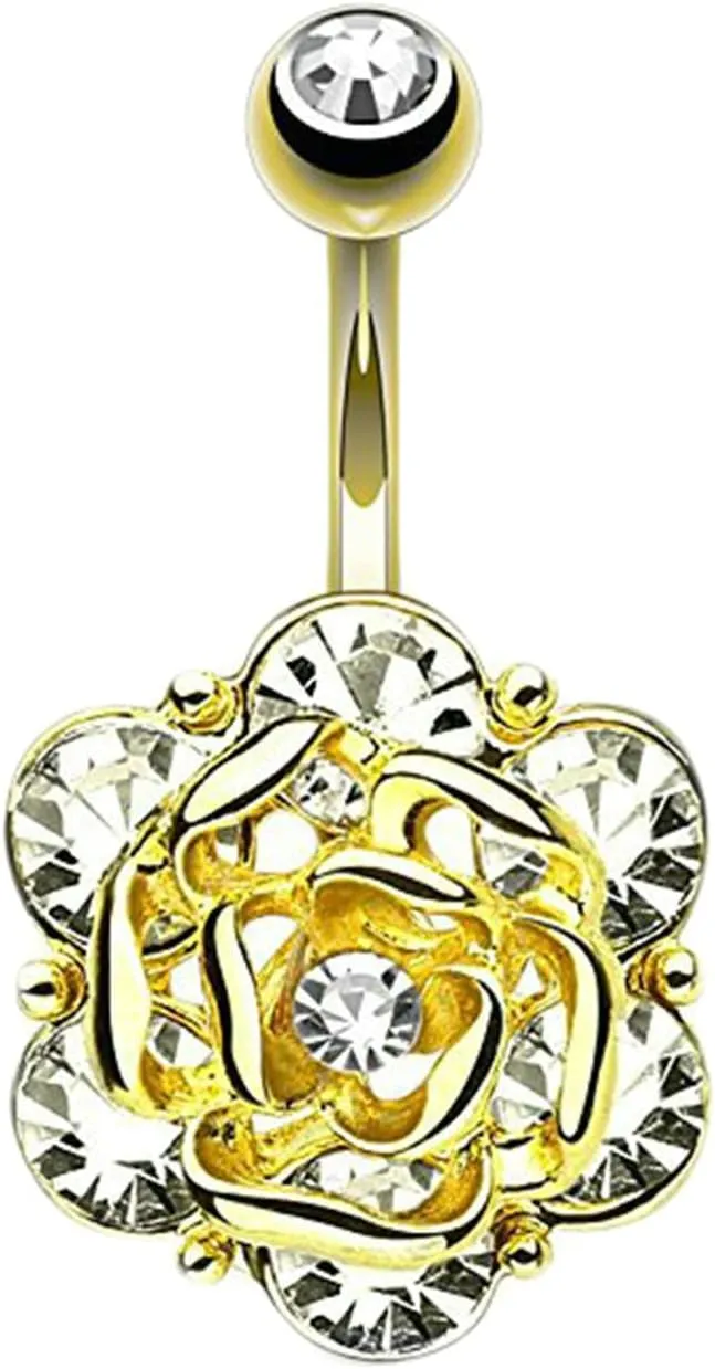 Navel Rings for Women Stainless Steel, CZ Navel Rings for Women Rose Flower Gold Navel Rings