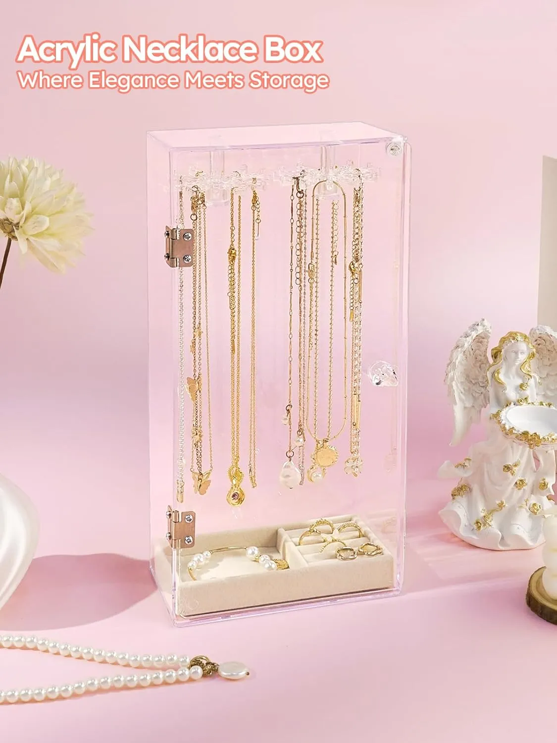 Necklace Holder Organizer,Dustproof Acrylic Jewelry Organizer,24 Hooks Necklace Organizer Storages for Pendant Bracelets Storage Display Stand,Jewelry Boxes with Velvet Jewelry Tray for Earrings Rings