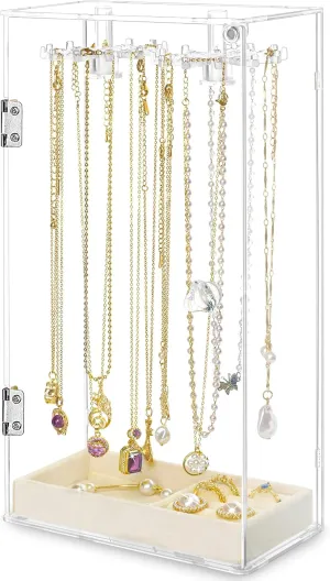 Necklace Holder Organizer,Dustproof Acrylic Jewelry Organizer,24 Hooks Necklace Organizer Storages for Pendant Bracelets Storage Display Stand,Jewelry Boxes with Velvet Jewelry Tray for Earrings Rings