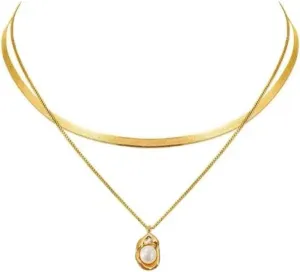 NEKVFO Women's Double Layer Snake Chain Necklace with Pearl Pendant - Elegant Stackable Jewelry Set, Fashionable Boho Chic Accessory for Women