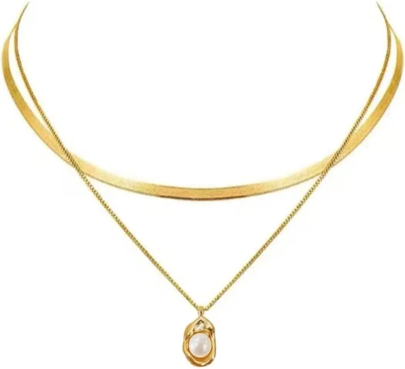 NEKVFO Women's Double Layer Snake Chain Necklace with Pearl Pendant - Elegant Stackable Jewelry Set, Fashionable Boho Chic Accessory for Women