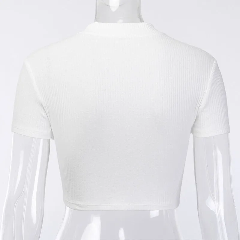 New Fashion Slim Fit Zipper T-shirt Women – Female Bustier Corset Tops, High Neck Cropped Tee, Solid Shirt, White