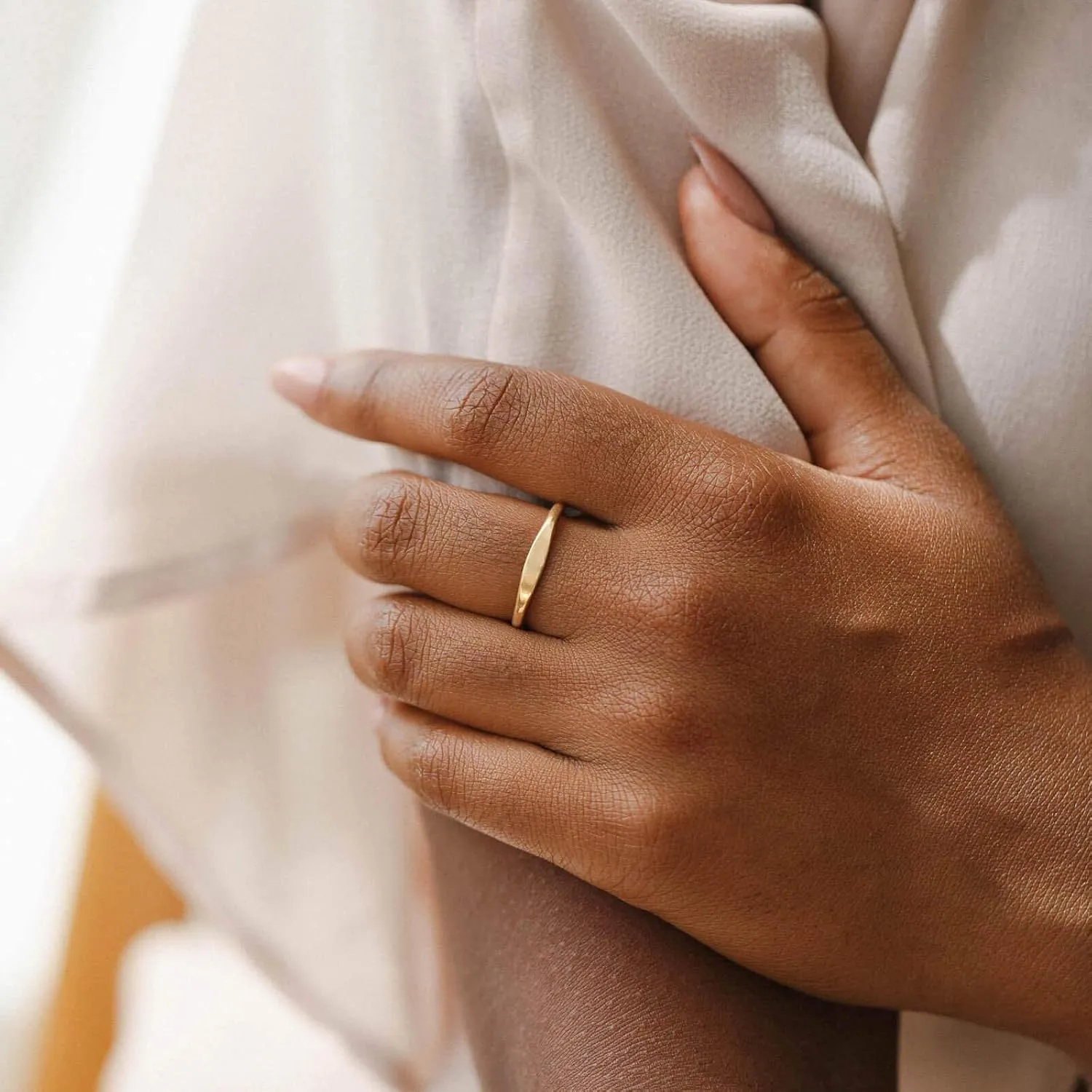 NOKMIT 1.5mm 14K Gold Filled Slim Signet Rings Thin Croissant Pinky Ring for Women Girls Dainty Gold Twisted Stacking Statement Flat Ribbed Plain Band Comfort Fit Size 4 to 10