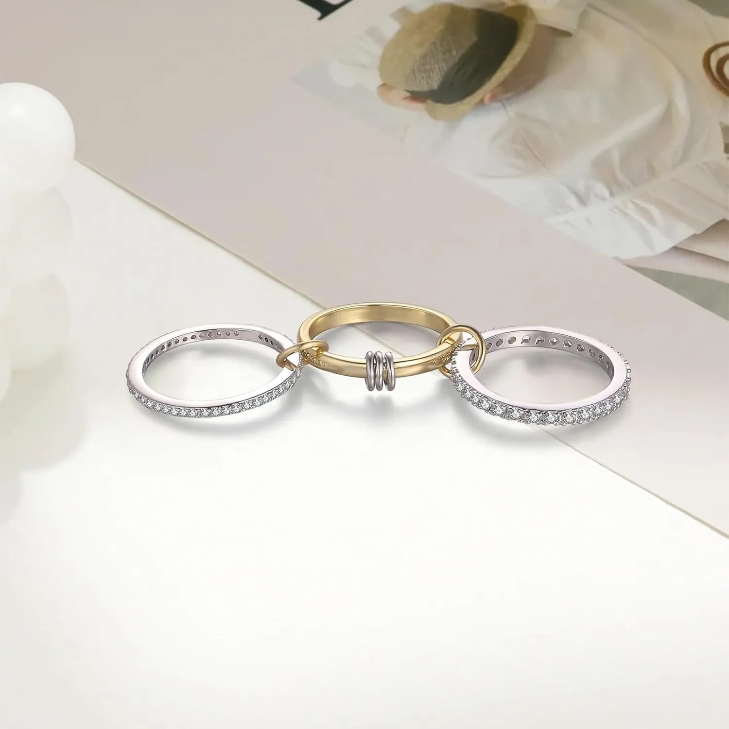 Non-Tarnish Stackable Rings for Women -18k Gold Plated & Sterling Silver Thin Band Set with Cubic Zirconia, Dainty Jewelry for Everyday Wear