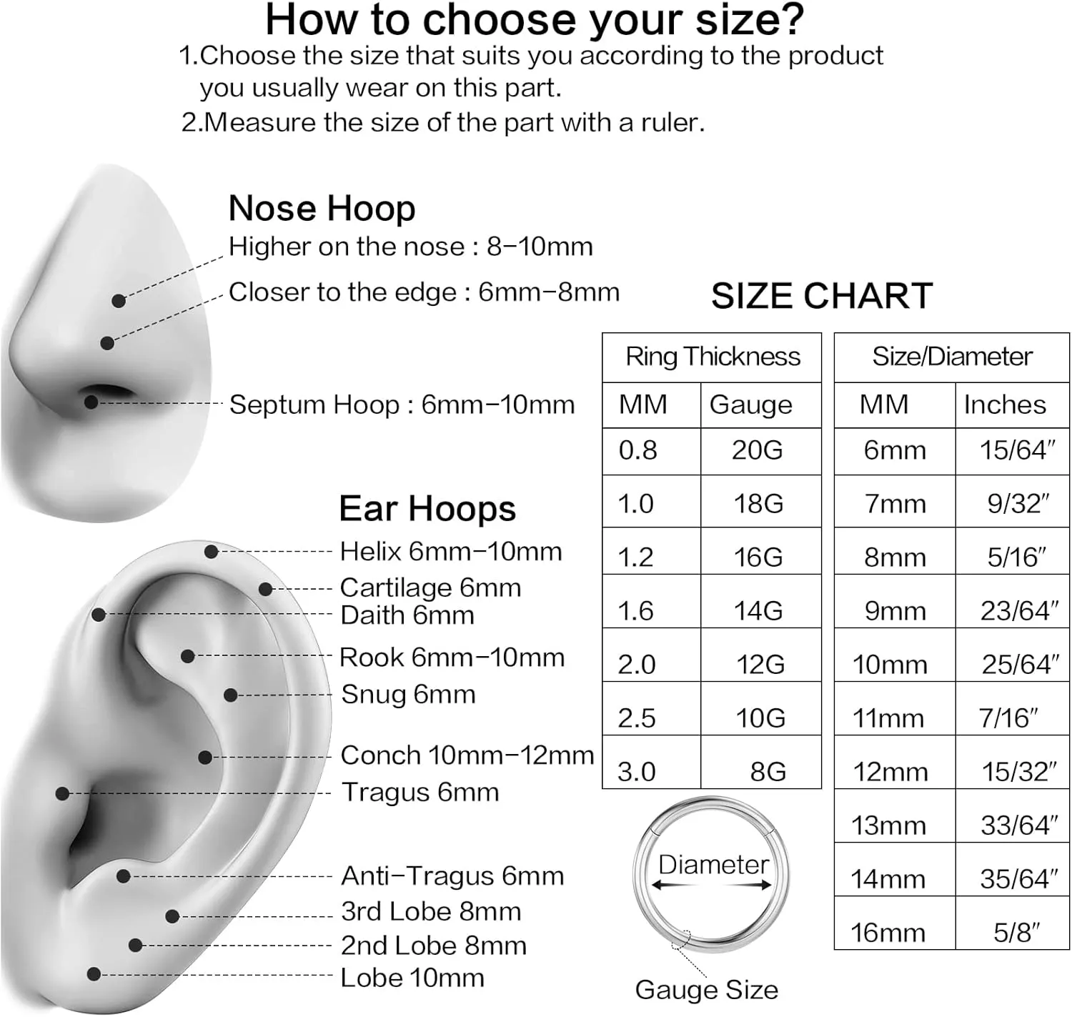 Nose Rings Hoops for Women Men Conch Hoop Earring Silver Gold 16g 18g Surgical Steel Tragus Nostril Helix Cartilage Clicker Ring Piercing Body Jewelry