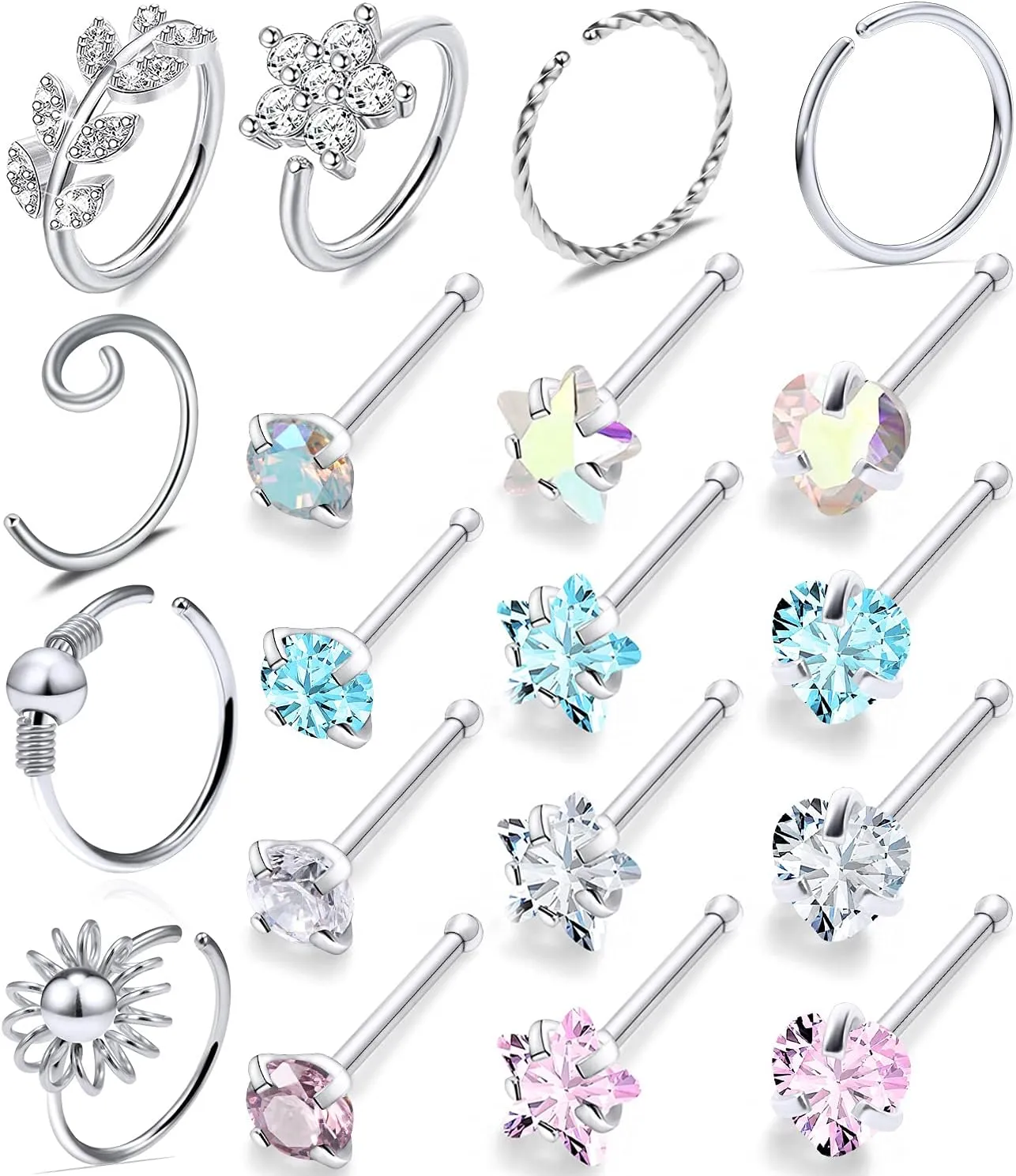 Ocptiy 18G & 20G Nose Rings & Hoops for Women - 316L Surgical Steel - Clear CZ Heart Star, Flower, Leaf Nose Studs & Piercing Jewelry - 19Pcs to 40Pcs