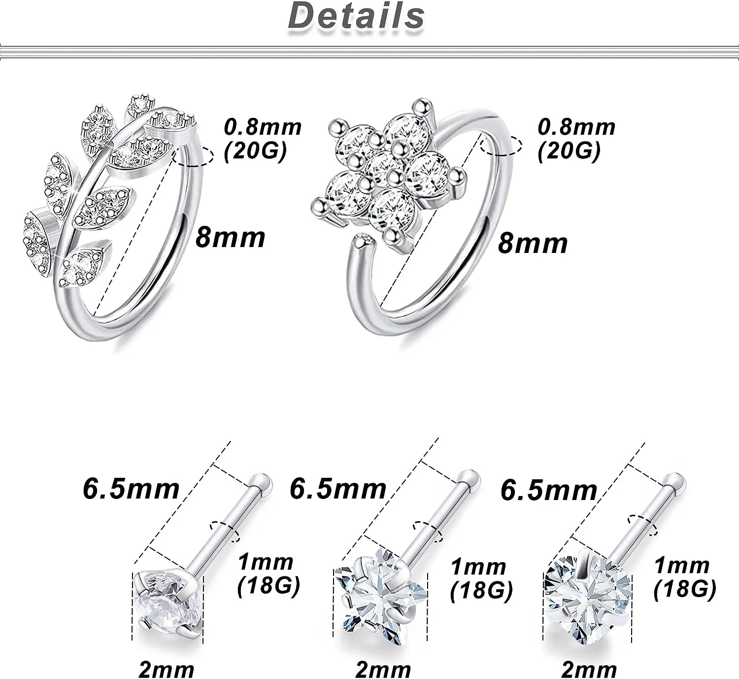 Ocptiy 18G & 20G Nose Rings & Hoops for Women - 316L Surgical Steel - Clear CZ Heart Star, Flower, Leaf Nose Studs & Piercing Jewelry - 19Pcs to 40Pcs