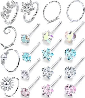 Ocptiy 18G & 20G Nose Rings & Hoops for Women - 316L Surgical Steel - Clear CZ Heart Star, Flower, Leaf Nose Studs & Piercing Jewelry - 19Pcs to 40Pcs