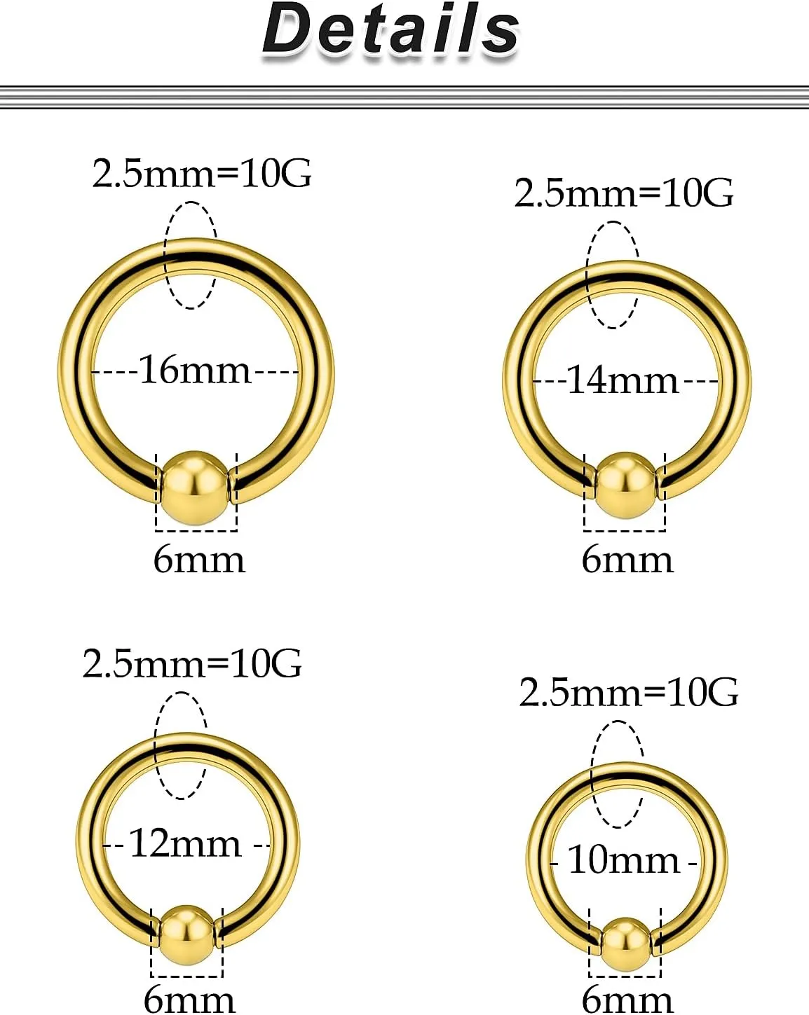 Ocptiy 6G 8G 12G 14G 16G Septum Ear Earrings Gauges Stretching Piercing Kit 316L Surgical Steel Internally Threaded Pierced Body Jewelry for Women 10mm 12mm 14mm 16mm