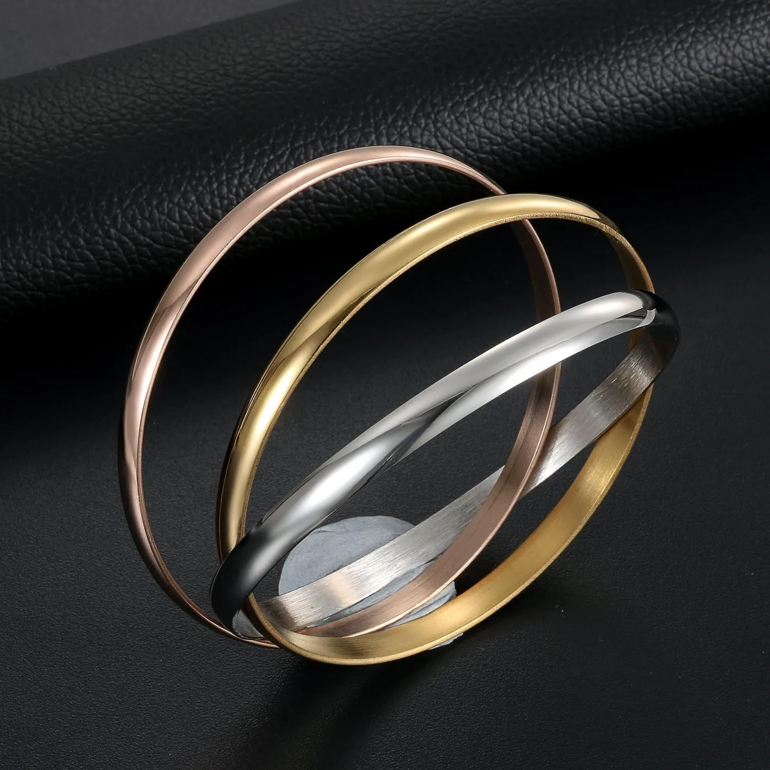 OIDEA Interlocking Bangle Bracelets for Women, Tri-Colour Stainless Steel Stackable Cuff Bracelet Friendship Bracelets Jewelry Gifts