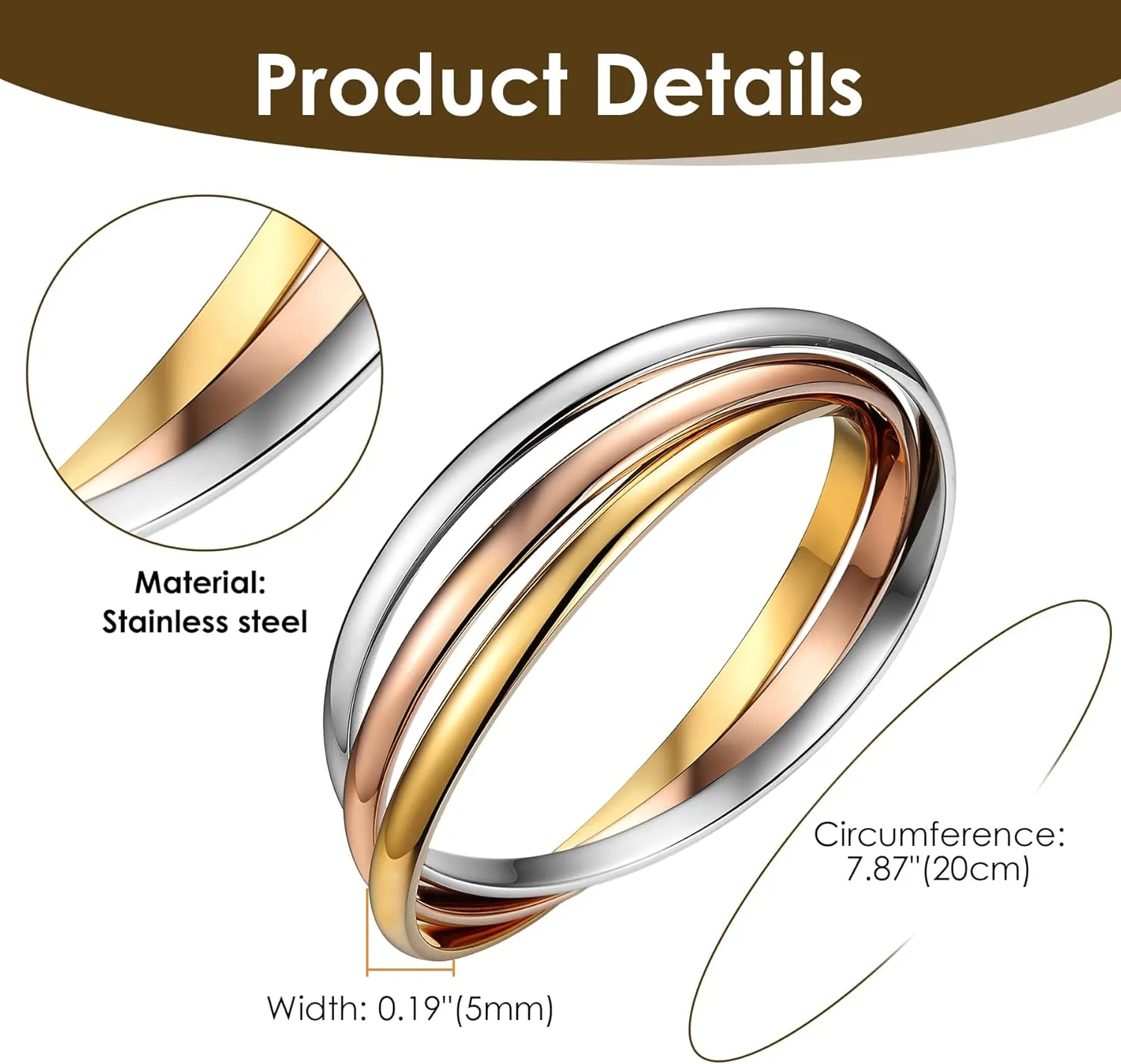 OIDEA Interlocking Bangle Bracelets for Women, Tri-Colour Stainless Steel Stackable Cuff Bracelet Friendship Bracelets Jewelry Gifts