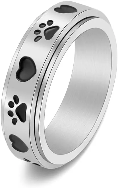 OIDIMS Cute Dog Love Heart Paw Print Spinner Fidget Ring Stainless Steel Relieving Anxiety Rotate Freely Finger Band Rings for Women Men Lovely Animal Jewelry for Puppy Pet Loving Friend Families