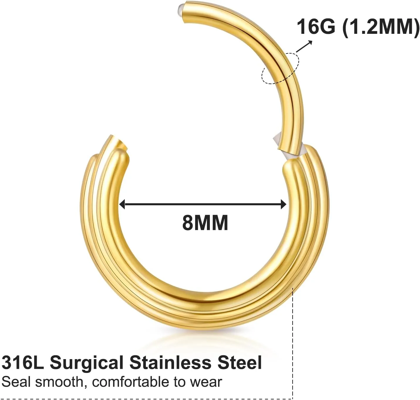 ONESING 16G Septum Rings Stainless Steel Nose Rings Hoops Clicker Septum Piercing Jewelry Silver/Gold Septum Jewelry Cartilage Helix Tragus Body Piercing for Women Men 8mm 10mm