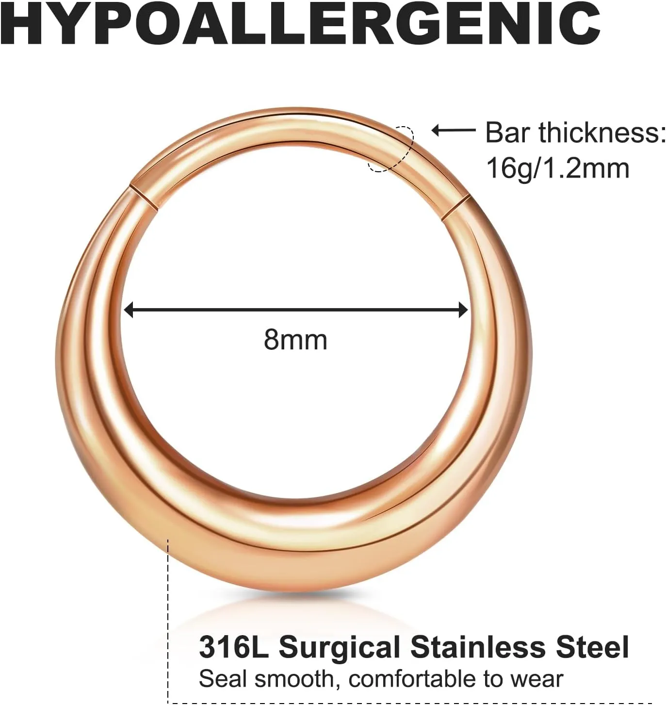 ONESING 16G Septum Rings Stainless Steel Nose Rings Hoops Clicker Septum Piercing Jewelry Silver/Gold Septum Jewelry Cartilage Helix Tragus Body Piercing for Women Men 8mm 10mm