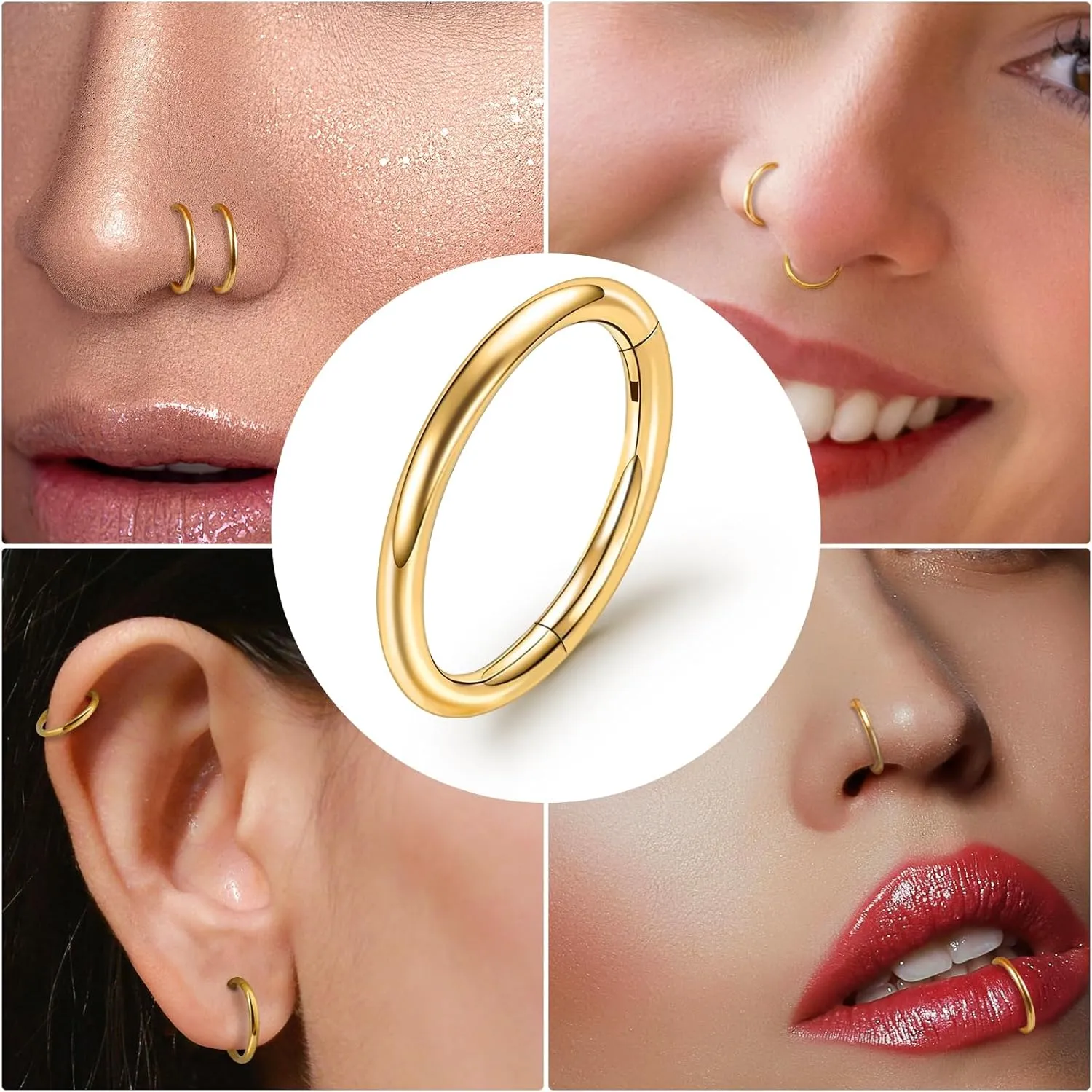 ONESING 2 PCS Nose Rings Hoops 14G 16G 18G 20G Surgical Steel Septum Rings Cartilage Tragus Round Hinged Nose Rings Piercing Jewelry for Women Men 6-12mm