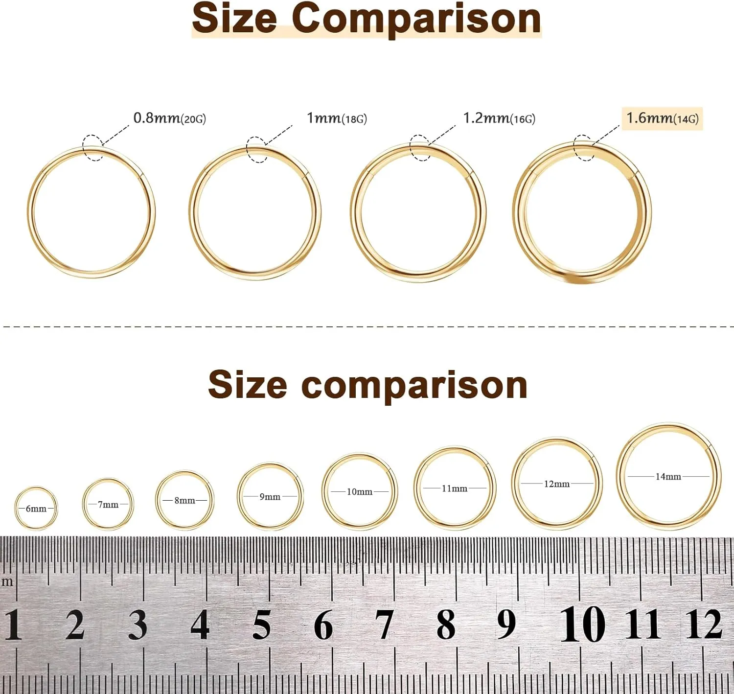 ONESING 2 PCS Nose Rings Hoops 14G 16G 18G 20G Surgical Steel Septum Rings Cartilage Tragus Round Hinged Nose Rings Piercing Jewelry for Women Men 6-12mm