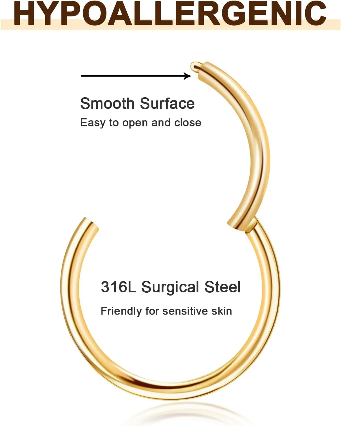 ONESING 2 PCS Nose Rings Hoops 14G 16G 18G 20G Surgical Steel Septum Rings Cartilage Tragus Round Hinged Nose Rings Piercing Jewelry for Women Men 6-12mm