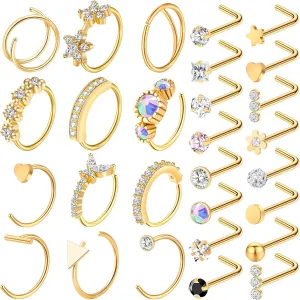ONESING 29 Pcs Black Nose Rings for Women - L Shape, Studs, Hoop, Stainless Steel Nose Jewelry for Women & Men
