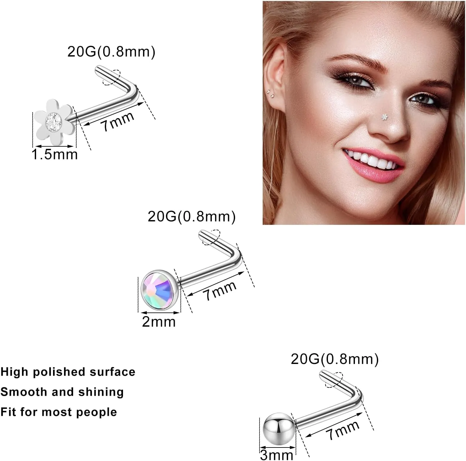 ONESING 29 Pcs Black Nose Rings for Women - L Shape, Studs, Hoop, Stainless Steel Nose Jewelry for Women & Men