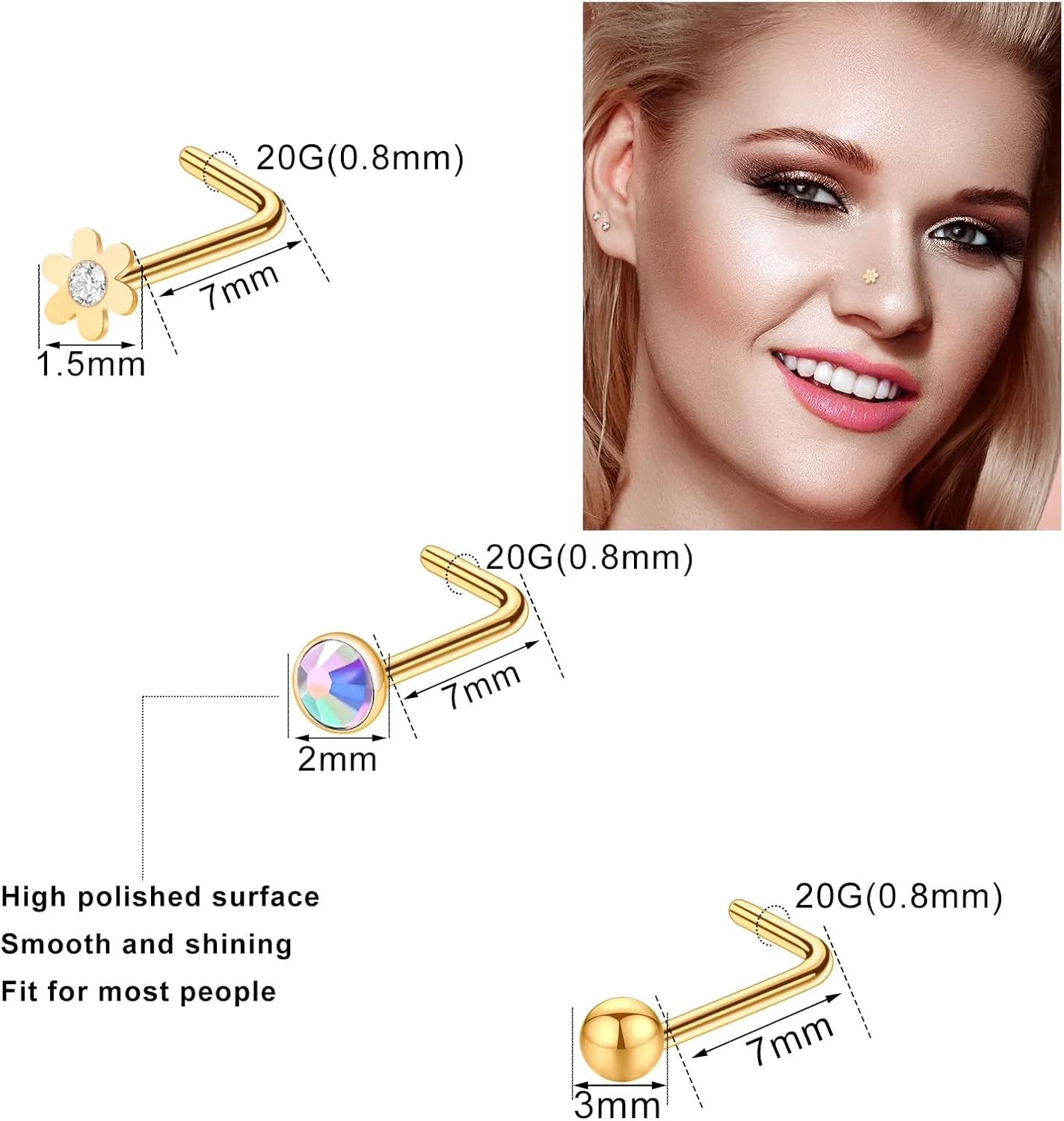 ONESING 29 Pcs Black Nose Rings for Women - L Shape, Studs, Hoop, Stainless Steel Nose Jewelry for Women & Men