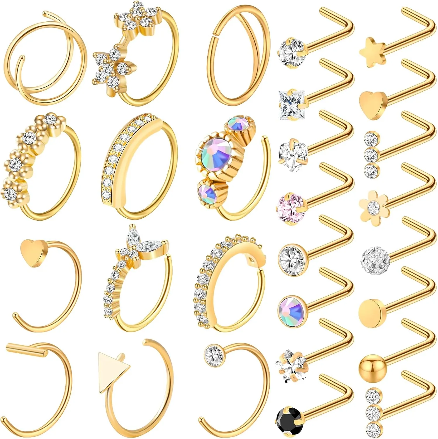 ONESING 29 Pcs Black Nose Rings for Women - L Shape, Studs, Hoop, Stainless Steel Nose Jewelry for Women & Men