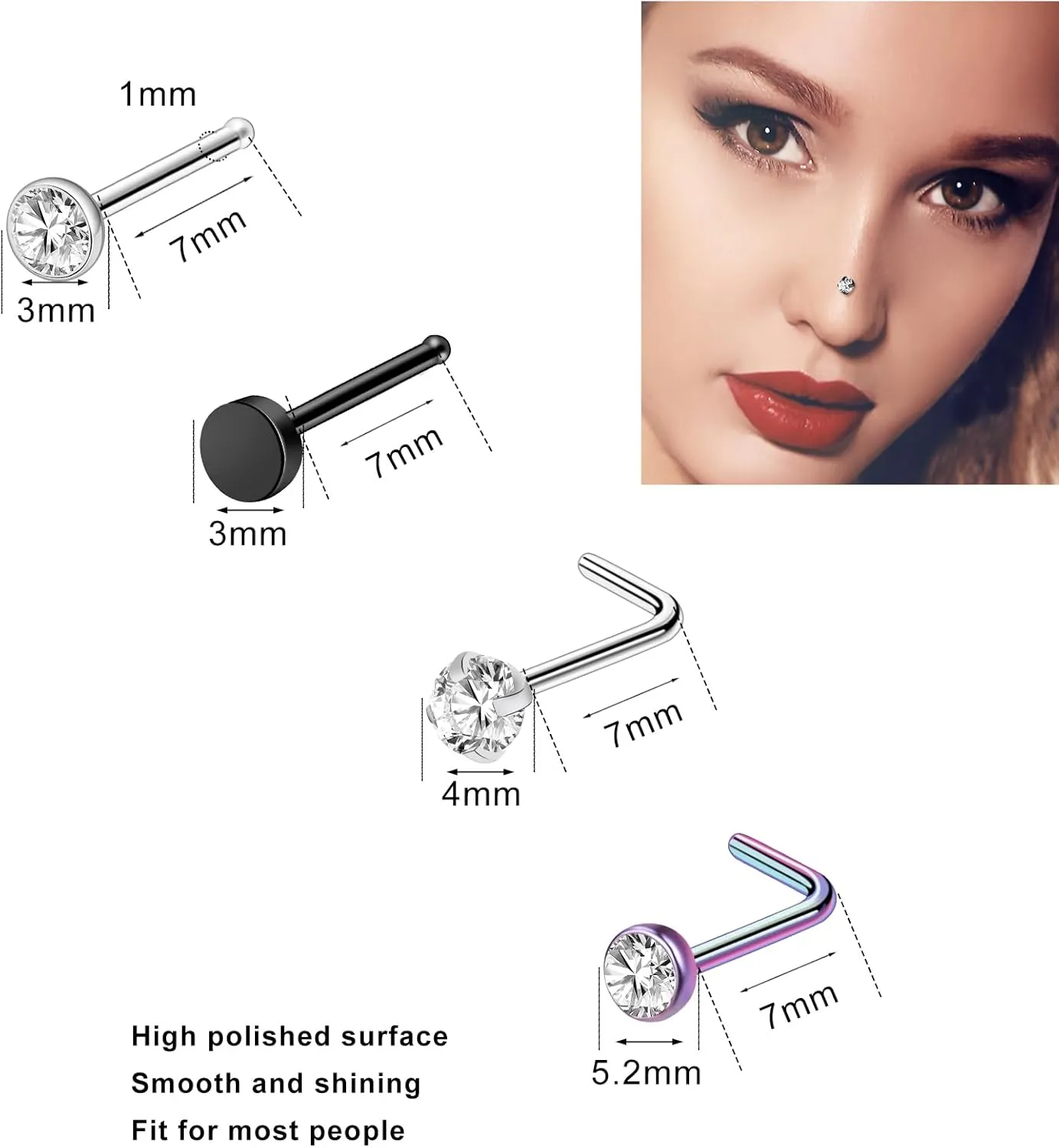 ONESING 29 Pcs Black Nose Rings for Women - L Shape, Studs, Hoop, Stainless Steel Nose Jewelry for Women & Men