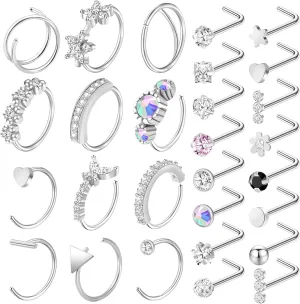 ONESING 29 Pcs Black Nose Rings for Women - L Shape, Studs, Hoop, Stainless Steel Nose Jewelry for Women & Men