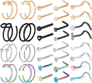 ONESING 35-70 PCS 18G 20G Nose Rings for Women & Men - Gold Hoops, L Shape, Studs & Screw - 316L Surgical Stainless Steel