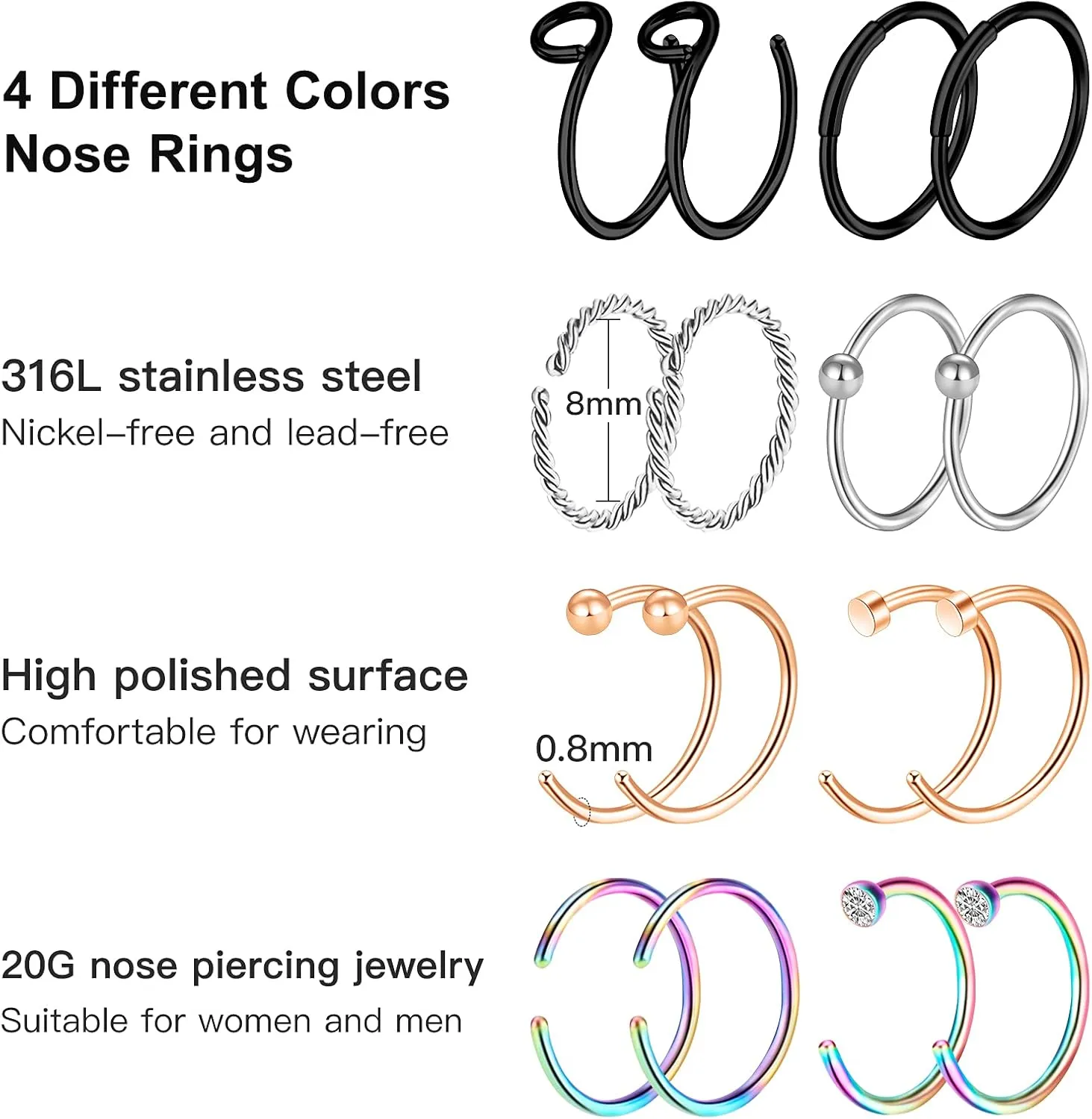 ONESING 35-70 PCS 18G 20G Nose Rings for Women & Men - Gold Hoops, L Shape, Studs & Screw - 316L Surgical Stainless Steel