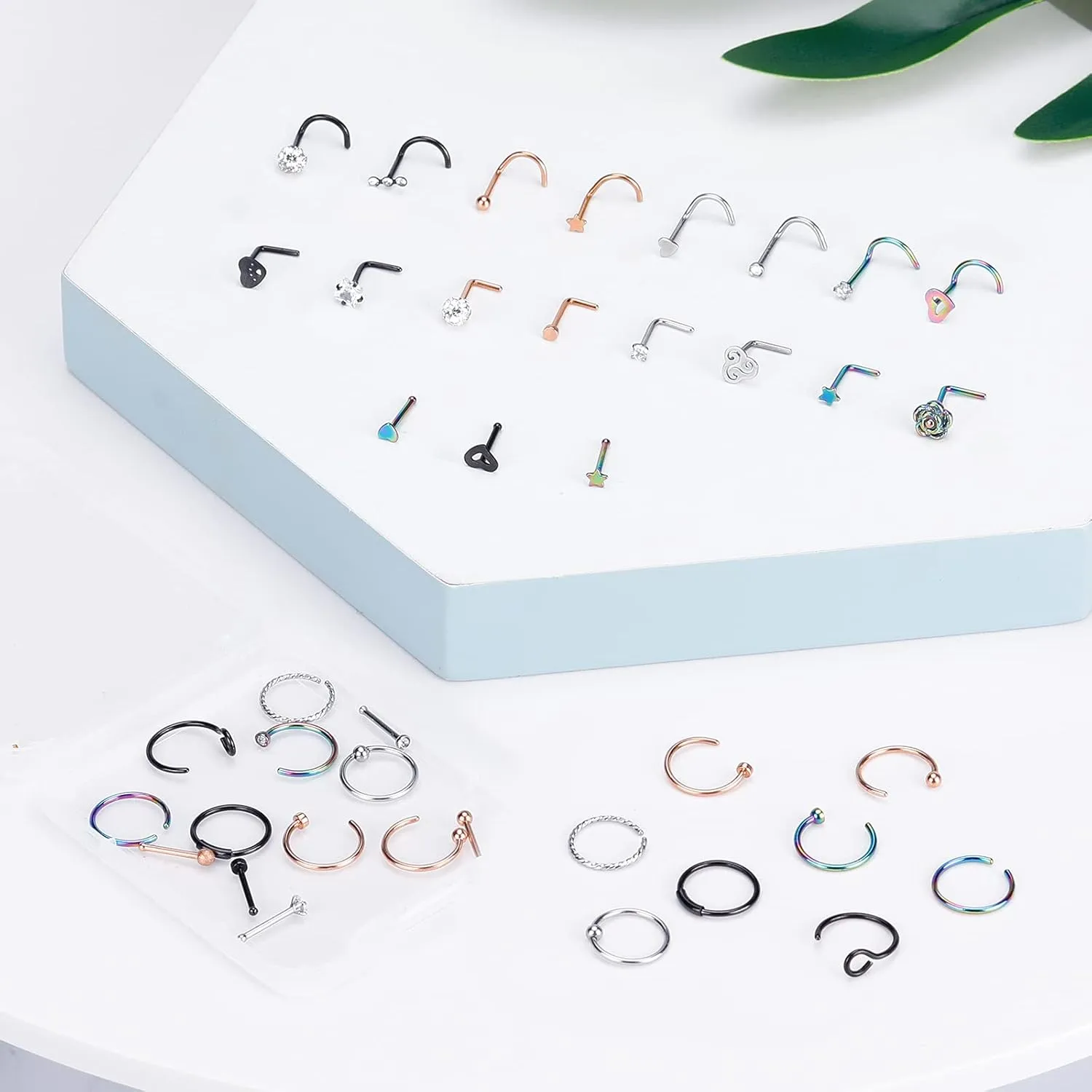 ONESING 35-70 PCS 18G 20G Nose Rings for Women & Men - Gold Hoops, L Shape, Studs & Screw - 316L Surgical Stainless Steel