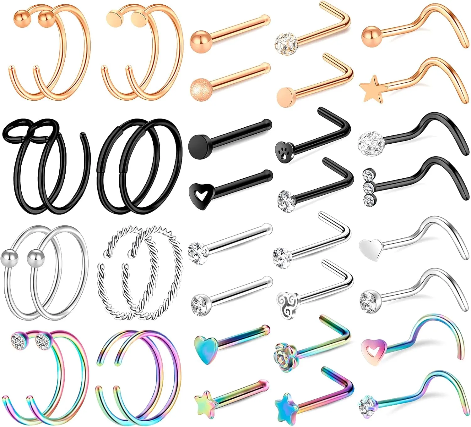 ONESING 35-70 PCS 18G 20G Nose Rings for Women & Men - Gold Hoops, L Shape, Studs & Screw - 316L Surgical Stainless Steel